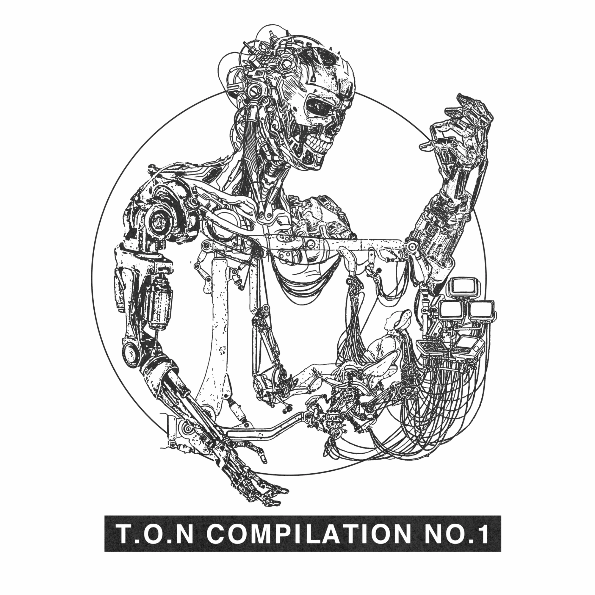 Coer artwork of Trans Of Noise Compilation #1 - a Cyborg-skeleton studies a small human