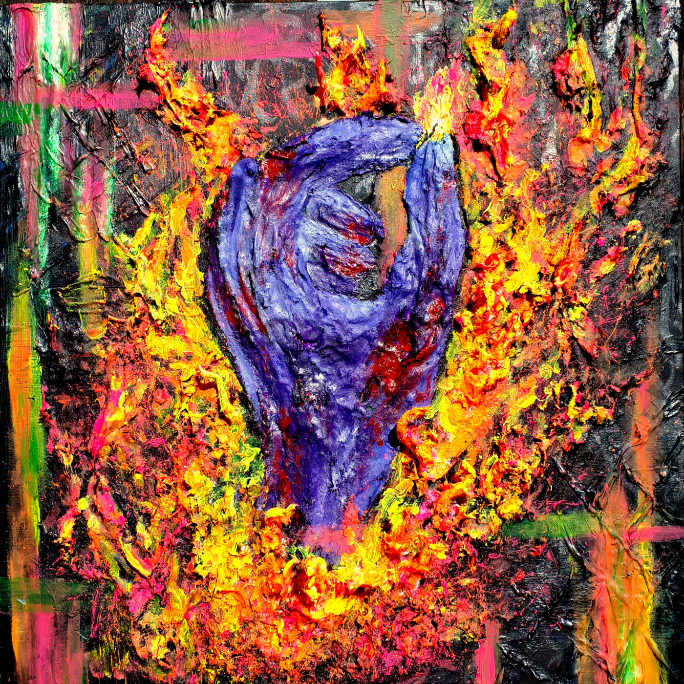 Album Cover "Von Angst & Wut, Hoffnung & Tat" by Zottel. Ein Gemälde, zentral eine blutbefleckte Hand, die ein Streichholz hält. Drum herum viele Flammen in geöb/pink & orange